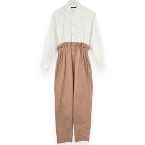 Bassike White Brown Paper Bag Waist Loose Fit Stand Collar Long Sleeve Jumpsuit